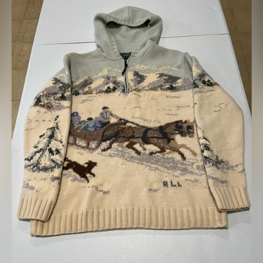 RALPH LAUREN VTG  EXCLUSIVE Hand Knit Lambswool Sweater Winter Scene Sled L - Picture 7 of 10